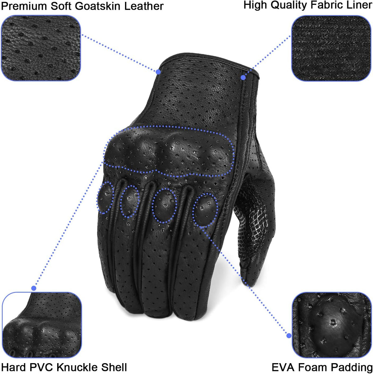 Updated Goatskin Leather Motorcycle Gloves Men Touchscreen Anti-Slip Motorbike Riding Gloves for Men (Updated,Perforated, L)