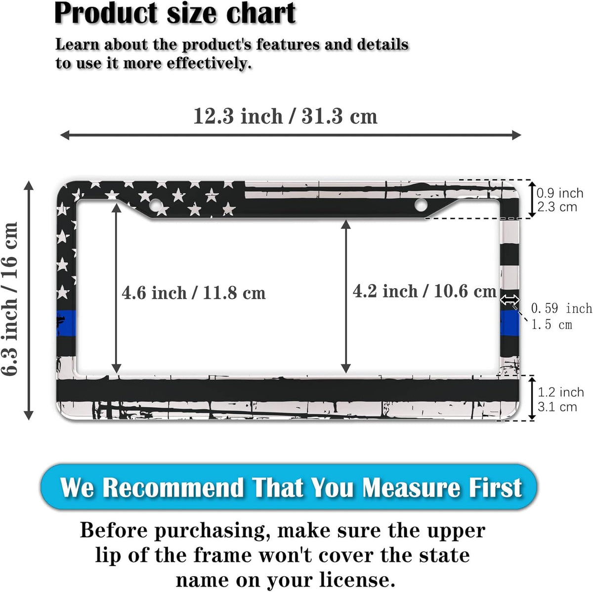License Plate Frames Black, White, and Blue License Plate Frame American Flag USA Flags Universal Aluminum Car Accessory 2 Pack with Screw Covers Set