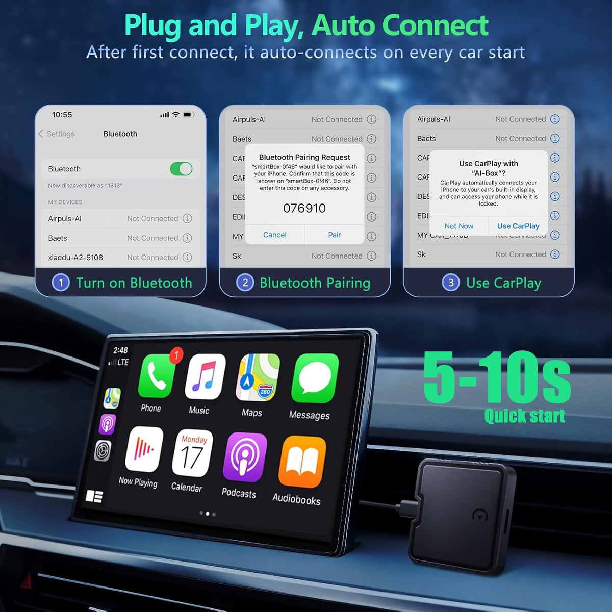 Wireless Carplay Adapter with Netflix YouTube TF Card Plug & Play, Wireless AI Box Car Play Adapter & Android Auto Dongle Easy to Setup, Fits for OEM Wired CarPlay Cars
