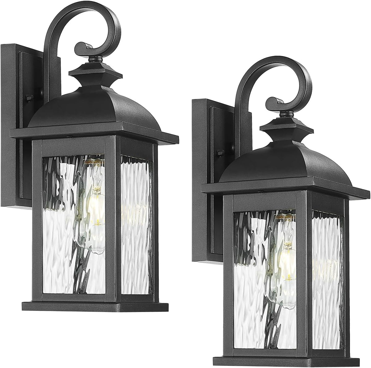 FEMILA 2 Packs Outdoor Waterproof Wall Lights Fixture, 15" Wall Lantern for Porch, Anti-Rust Matte Black Finish with Water Ripple Glass,4FD54B-2PK BK-WP