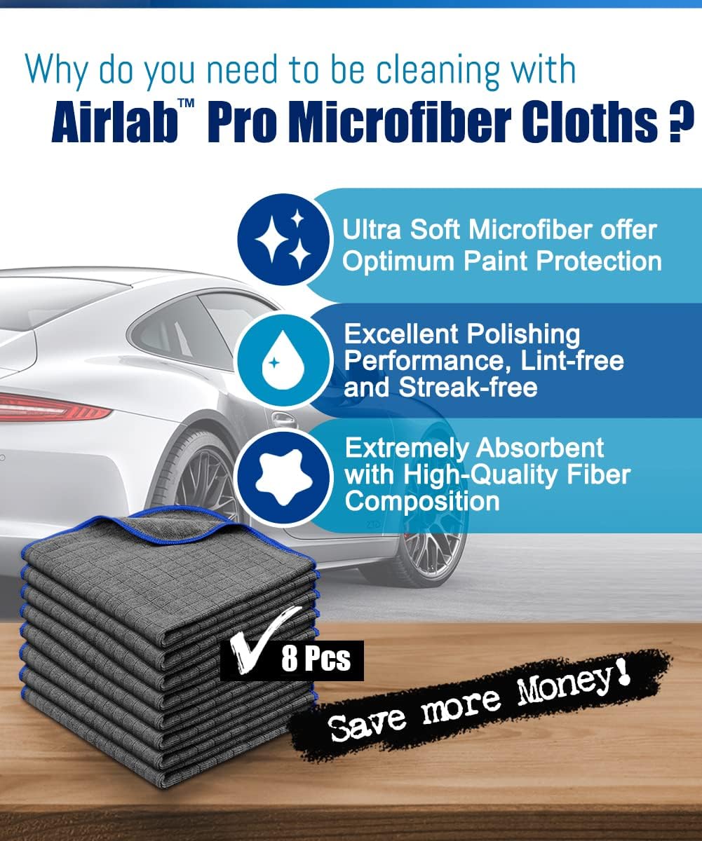 Airlab Microfiber Towels for Cars Wash Drying Auto Detailing, Highly Absorbent, Lint-Free, Streak-Free, All-Purpose Cleaning Cloths for Household, 16" x 16", Pack of 8, Grey