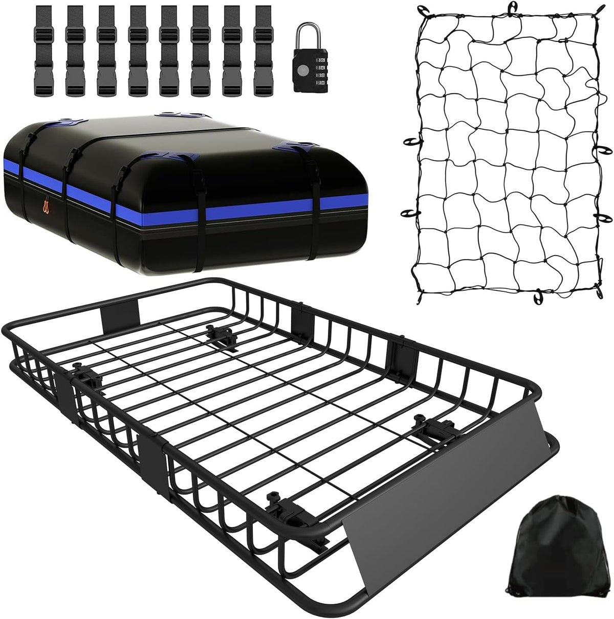 FORWODE Roof Rack Carrier Basket, 64" x 39" Rooftop Cargo Carrier with 250 lbs Capacity, Rust-Proof Steel Heavy Duty Car Top Luggage Basket with Waterproof Cargo Bag,Net for SUV Truck Cars