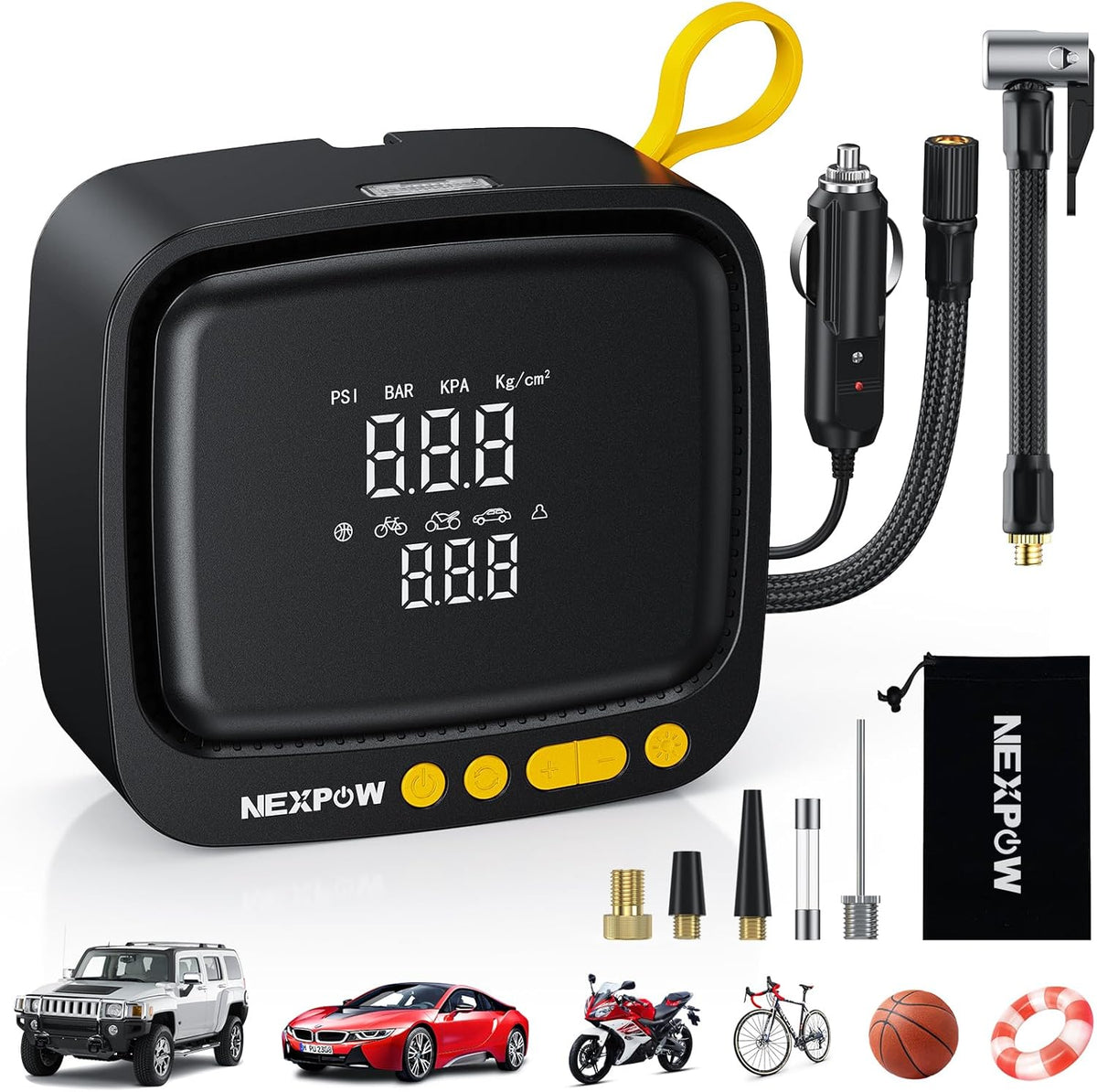 Tire Inflator Portable Air Compressor, NEXPOW 150PSI 12V DC Air Pump with Dual Digital Pressure Gauge & Auto Shut-Off, Air Compressor Portable with LED Light for Car, Motorcycle, Bicycle, Ball, Yellow