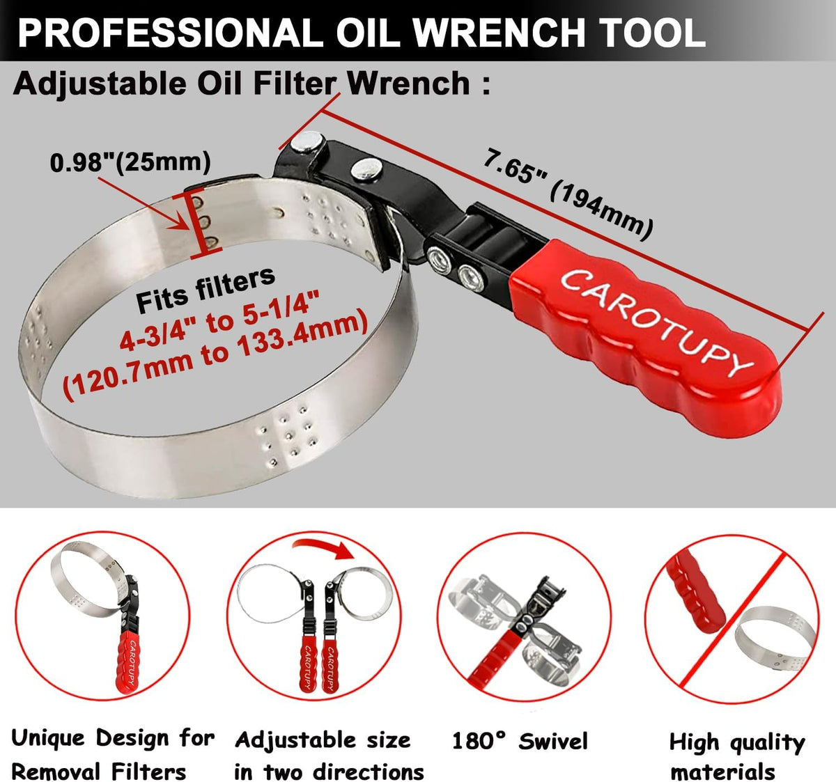 Extra Large Oil Filter Wrench, Oil Filter Wrench Tool Fits Filter from 4-3/4"to 5-1/4" for Cars, Motorcycles and Trucks