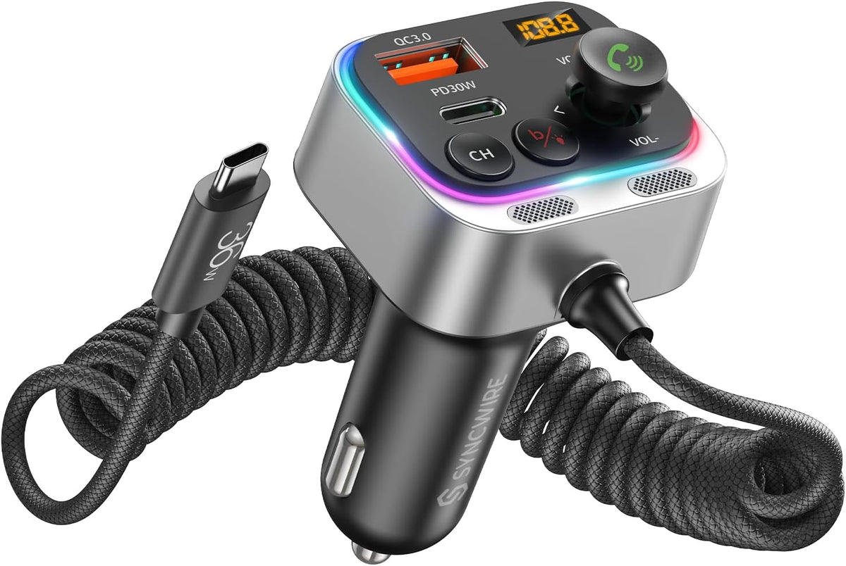 Syncwire Bluetooth 5.4 FM Transmitter Car Adapter 66W PD & QC 3.0 Fast Charging with USB-C Cable Wireless Radio Adapter with Light Control, HiFi Bass, Hands-Free Calling and Strong Mics