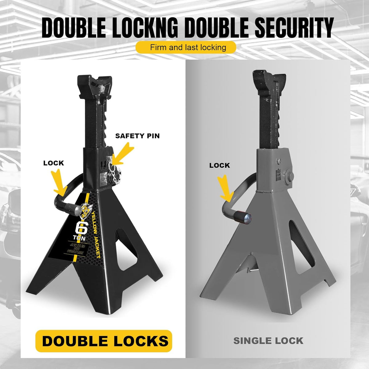 YELLOW JACKET Jack Stands 6 Ton with Double Locking for Lifting Car SUVS, Heavy Duty Steel, 13000 lb Capacity, 1 Pair, Black
