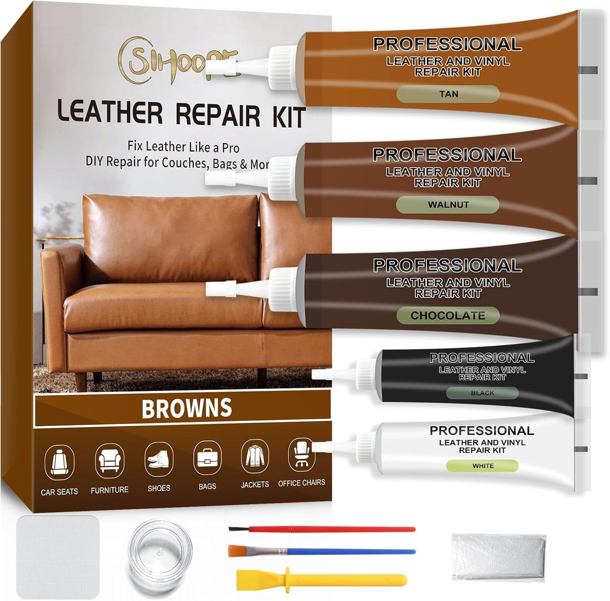 Leather Repair Kit,Car Seats, Sofa,Jacket & Purse - Repairs Burn Holes,Scratches,Tears - Restores Faux,Vinyl,Artificial and Real Leather (Brown)
