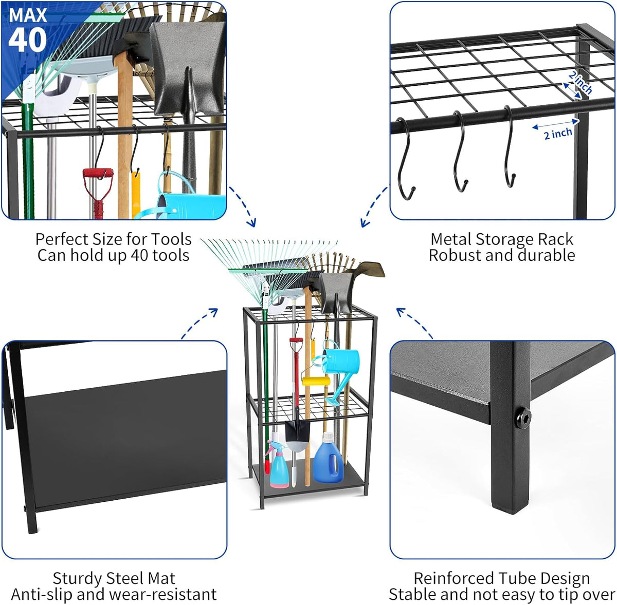 Garden Tool Organizer - Yard Tool Storage and Organizers, Utility Rack with 3 Hooks, Garden Yard Tool Stand Tower Racks, Tool Holder for Broom, Shovel, Rake, Mop, Garage Organization, Black