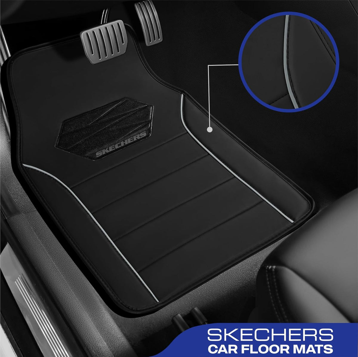 Skechers Memory Foam Car Mats,Leather Piping Floor Mats with Anti-Slip Pad,Universal Waterproof Fit Automotive Floor Mats for SUV,Vans,sedans,Trucks,Full Set 4pcs Grey