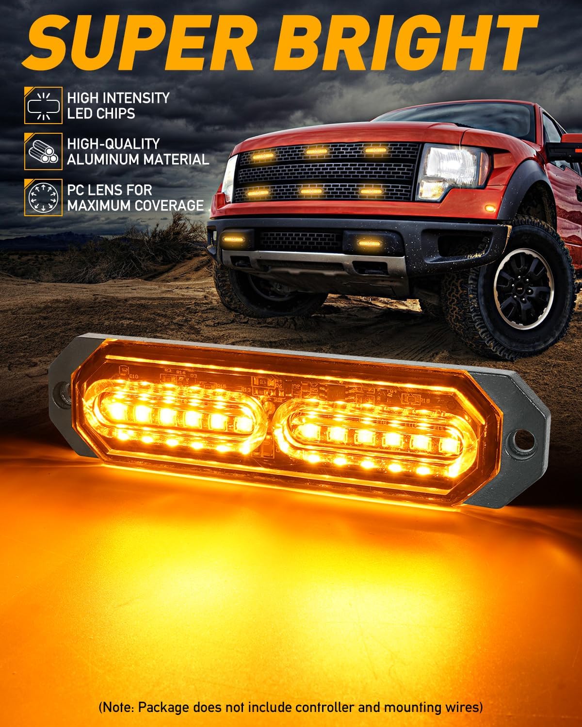 HLauto 1200T Emergency Strobe Grille Lights: 8pcs 12 LED Sync Feature Safety Warning Flashing Lights, Ultra Slim Surface Mount Hazard Caution Lights for Trucks, Vehicles, Car, ATV, UTV (Amber)