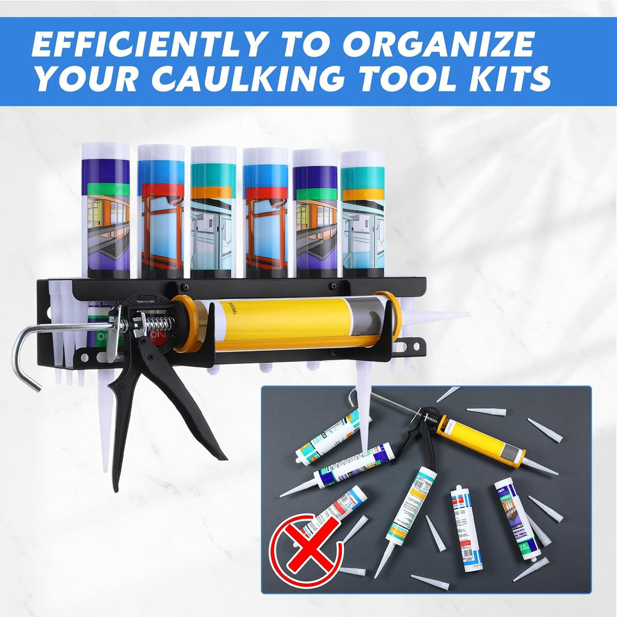 Hicarer Caulking Tube and Gun Holder Caulking Gun Storage Rack with Horizontally Base Sealant Organizer for Garage and Workspace Wall Mounted Tubes and Nozzle(1 Pack)