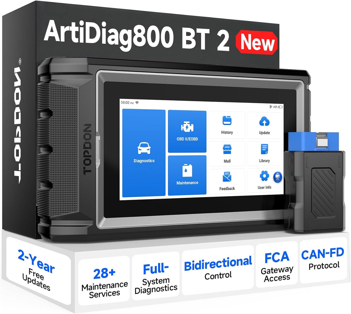 TOPDON Scanner AD800BT V2.0, Bidirectional Scan Tool, Full Systems Diagnostic Tool for All Vehicles, Automotive Diagnostic Scanner for Car, 28+ Services, FCA AutoAuth, CANFD, 2 Years Free Update