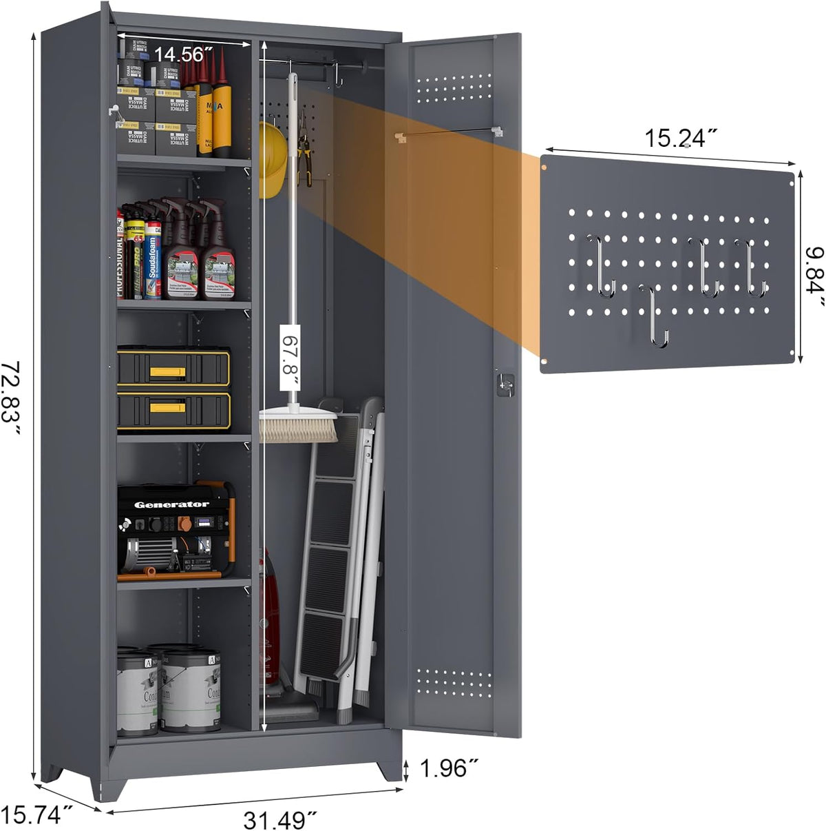GREATMEET 72.8" H Metal Storage Cabinets with Doors and Shelves, Grey Broom Closet Storage Cabinet, Broom and Mop Utility Cabinet for Home,Kitchen,Garage