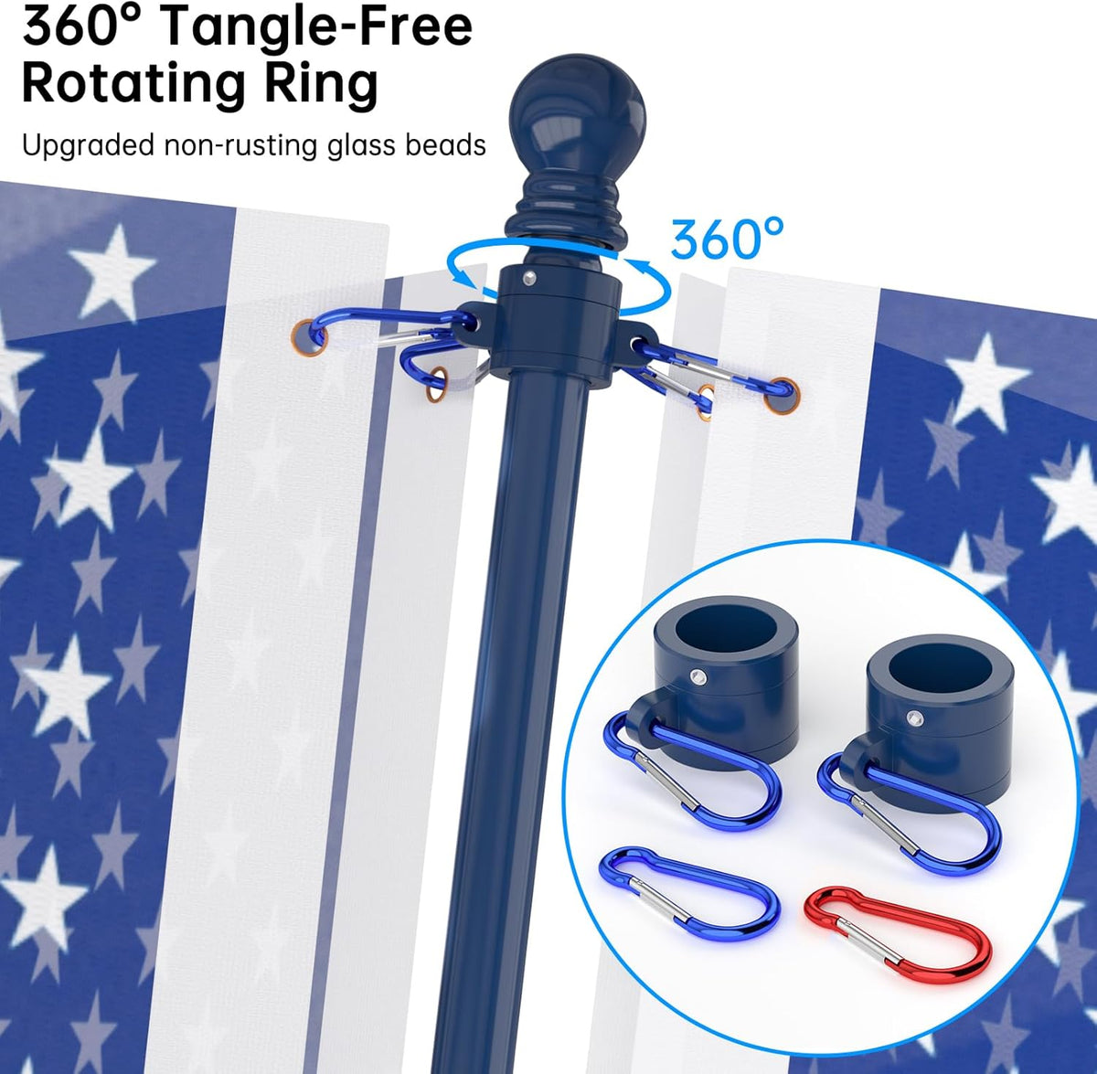 ZMTECH Flag Pole - Upgraded Bracket,(2 Packs) 6 FT Stainless Steel Flag Poles for Outside House, Residential or Commerical, Tangle Free Flag Pole Kit for American Flag (Without Flag, Blue)