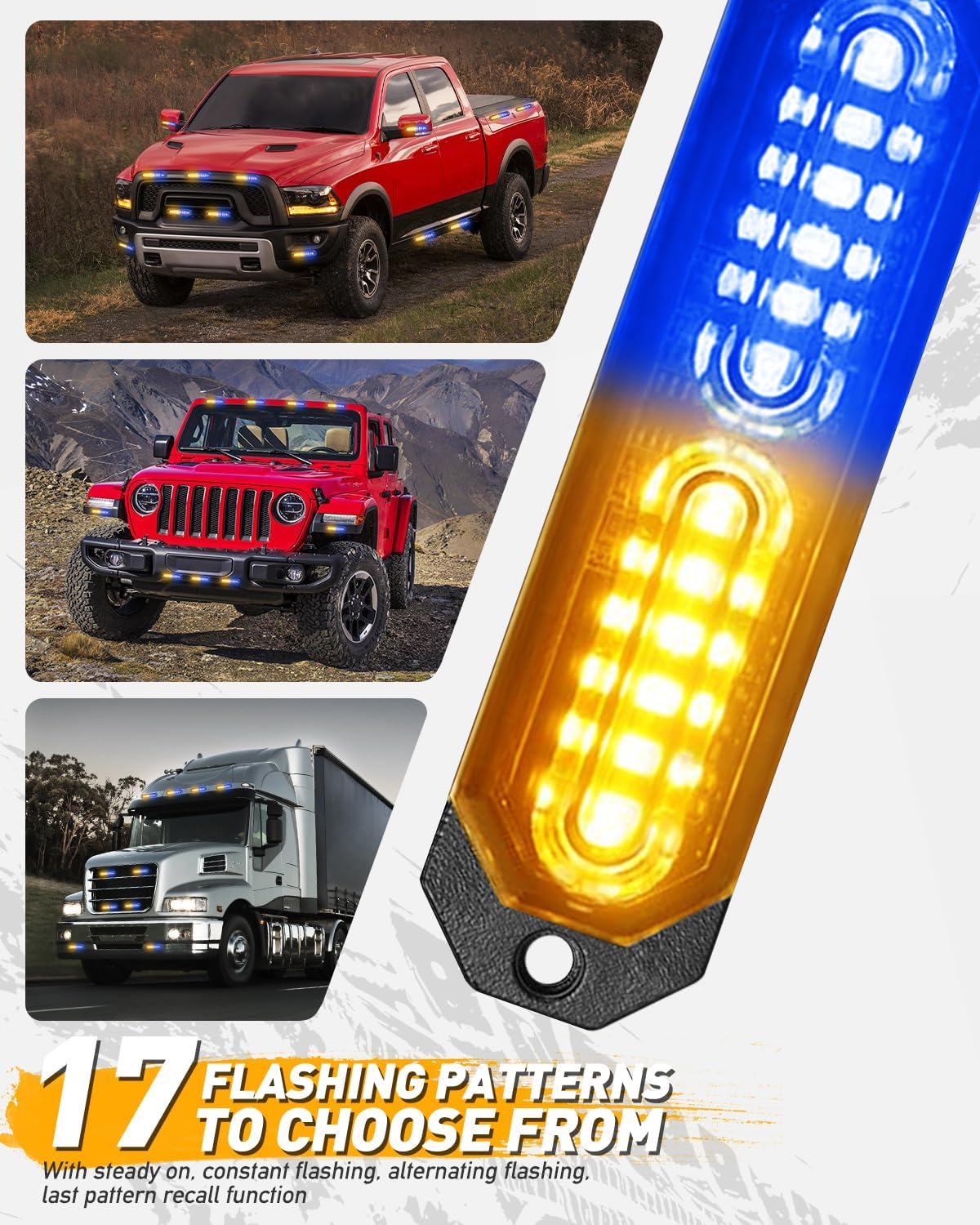 HLauto 1200T Emergency Strobe Grille Lights: 8pcs 12 LED Sync Feature Safety Warning Flashing Lights, Ultra Slim Surface Mount Hazard Caution Lights for Trucks, Vehicles, Car, ATV, UTV (Amber Blue)