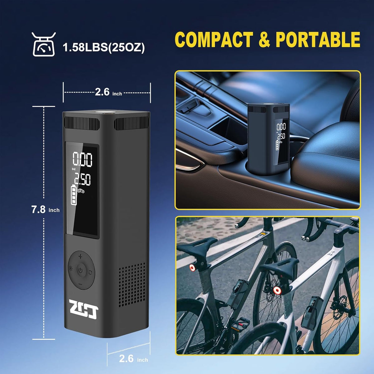 Tire Inflator Portable Air Compressor for Car Tire,150PI Electric Bike Pump, Wireless Cordless Air Pump Used for Ball/Bicycle/Motorcycle/Basketball/Sports Balls Automatic,Rechargeable,Battery Powered
