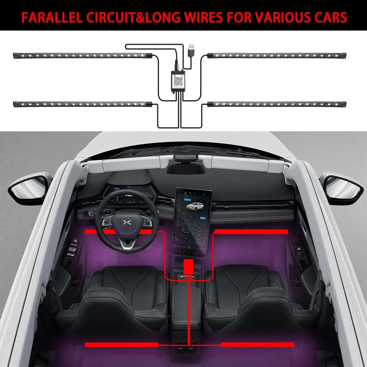 Smart USB Interior Car LED Strip Light with App Control,RGB Neon Atmosphere Lights, USB 5V Ambient Night Light Decorative Lamp, Multi Color Strip Light for Cars with Music and DIY Mode (RGB 72LEDs)