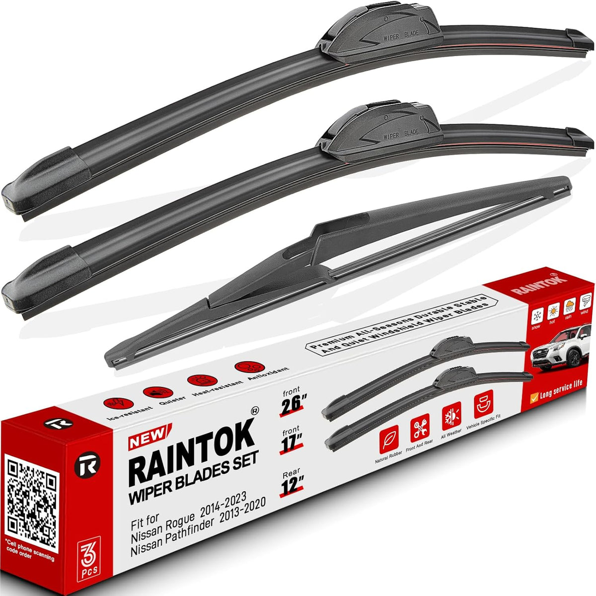 Windshield Wiper Blades Replacement for 2014-2023 Nissan Rogue / 2013-2020 Nissan Pathfinder Original Factory Quality Front Rear Wipers Blade Set for My Car - 26" 17" 12" (Pack of 3)