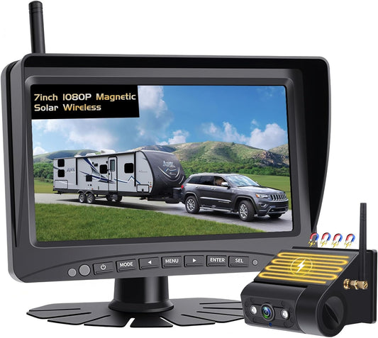 Solar Wireless Backup Camera Magnetic, 7 Inch Portable Installation RV Backup Camera, 1080P HD Rear View Camera, Rechargeable 7'' Monitor Kit for Car, IR Night Vision, 150° Wide Angle, DIY Guide Lines