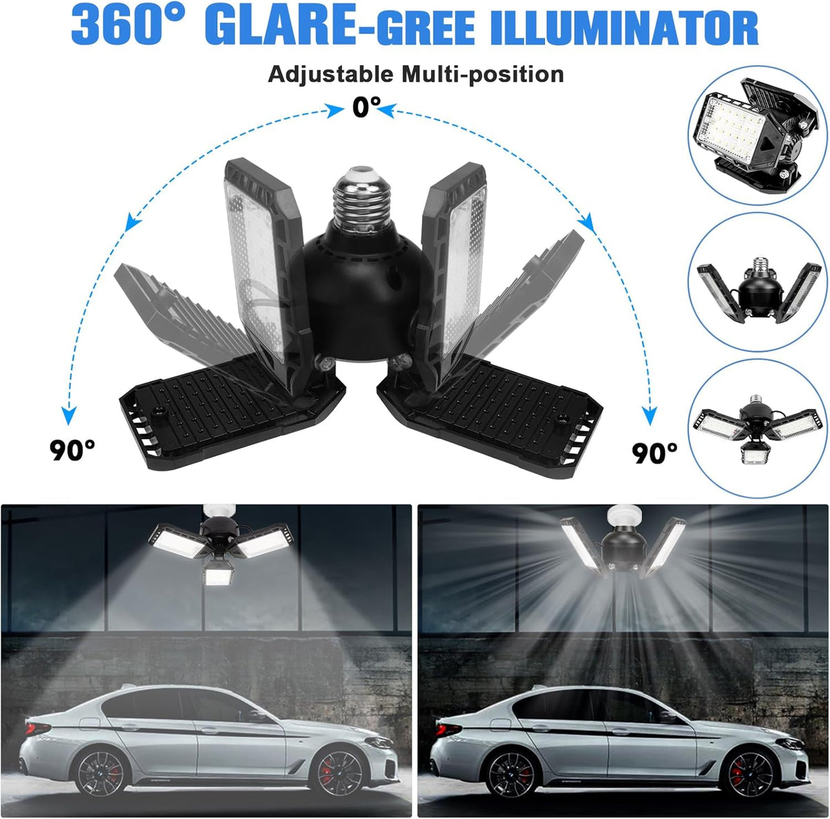 LED Garage Lights Bulb 4 Pack -80W, 8000LM 6500K Led Shop Light with 3 Deformable Panels, Basement Barn Light Garage Ceiling Lights, E26/E27 for Garage, Warehouse, Shop, Basement