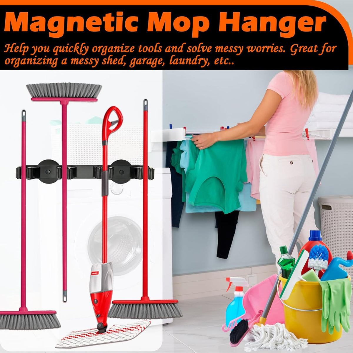 Heavy Duty Magnetic Broom Holder, Strong Magnetic Mop Hanger for Refrigerators, Powerful Magnet Wall Mount Broom Rack, Anti-slip Mop Storage Utility Rack for Kitchen, Home, Laundry, Garage