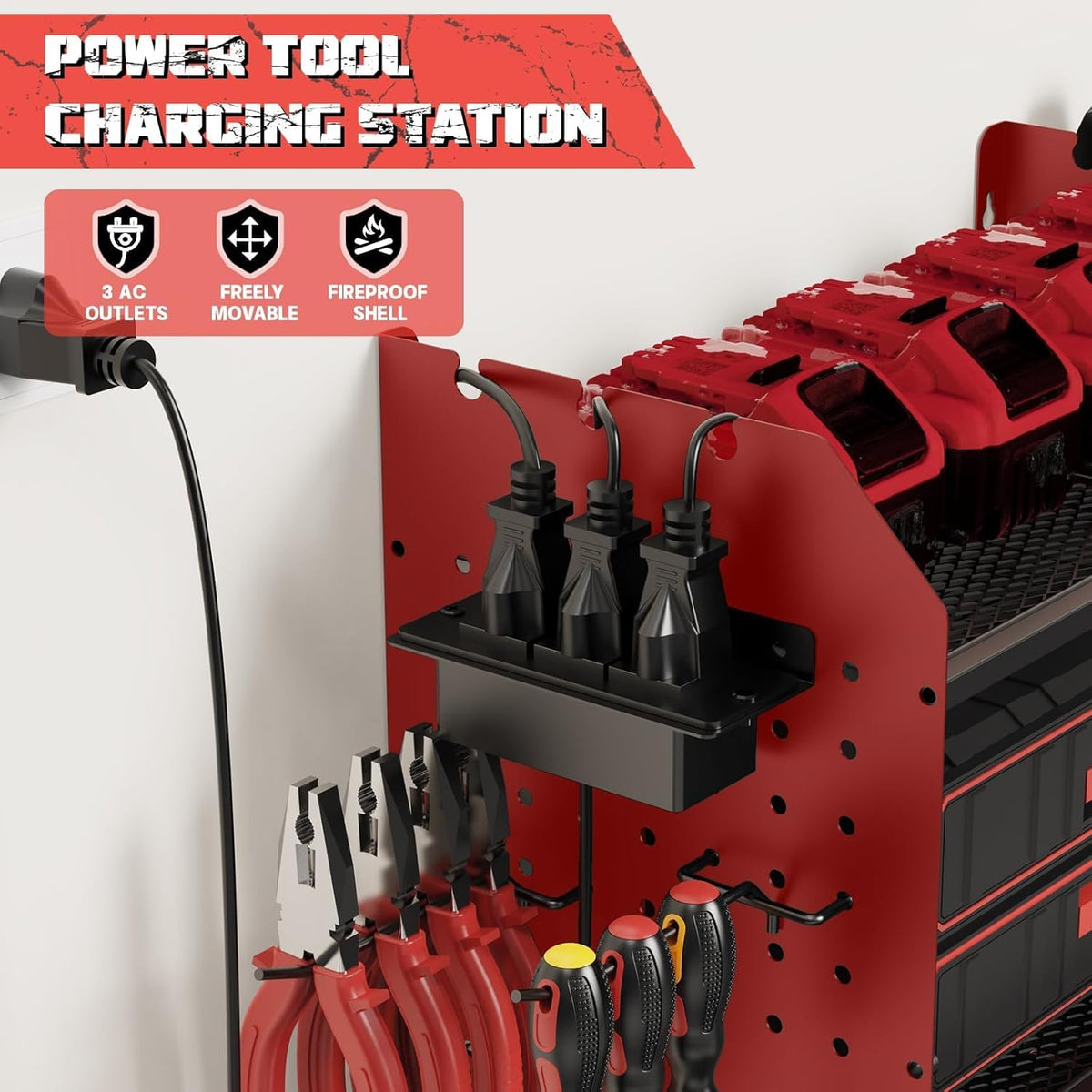 45" Power Tool Organizer Wall Mount with Charging Station - 3 Layer Storage Racks with 8 Cordless Drill Holder, 4 Hooks, Heavy Duty Garage Tool Organizer Storage for Workshop Shed Pegboard Basement