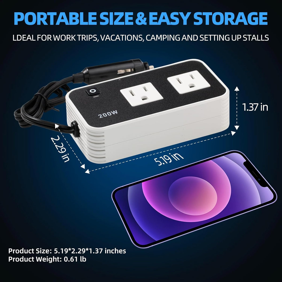 200w Automotive Power Inverter, 5v Dc to 110v Ac Automotive Converter, Automotive Adapter Plug Socket, 3 USB Ports, 1 Tep-C Port, Car Laptop Charger