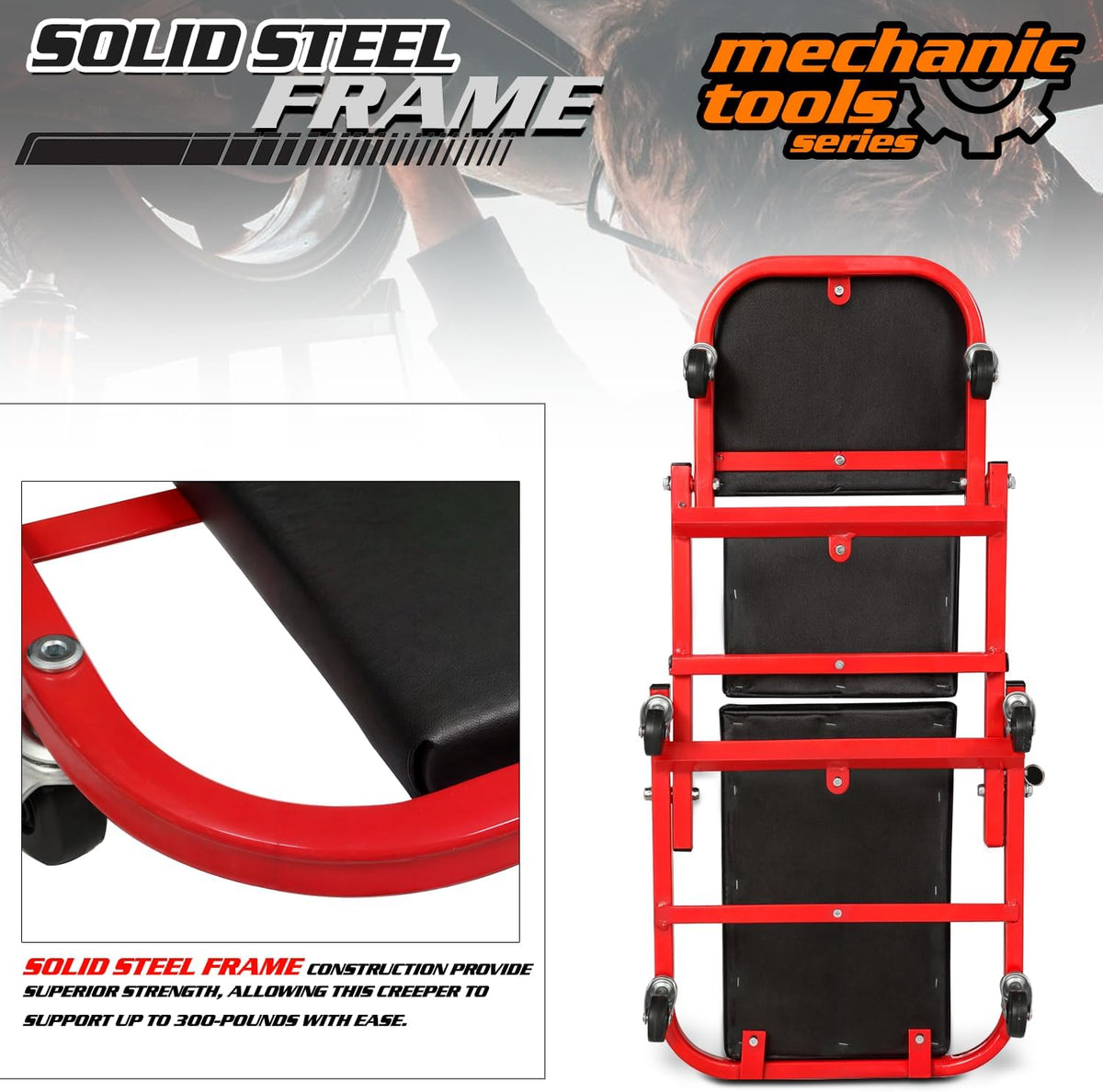 M-AUTO 40-Inch Folding Creeper Rolling Seat, All-in-One Adjustable Roller Garage Chair, Lay Down or Sit, 330LBS Capacity Under Car Roller Creeper with 6 Swivel Casters, Red
