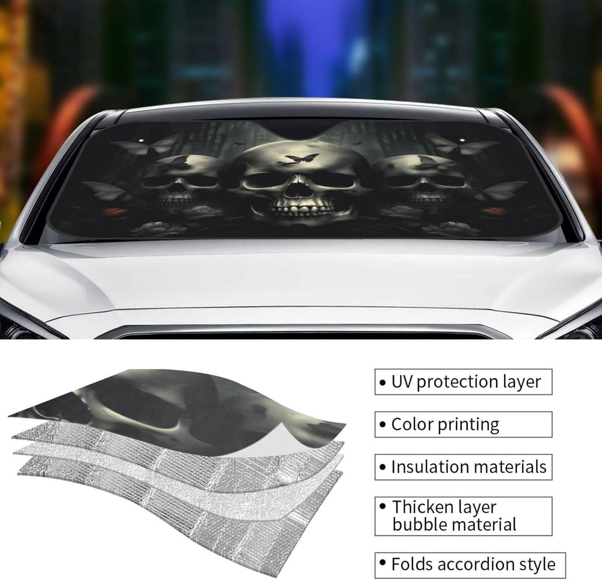 Skull Car Sun Shade Windshield Sunshade Foldable Front Window Shield Cover for Truck SUV