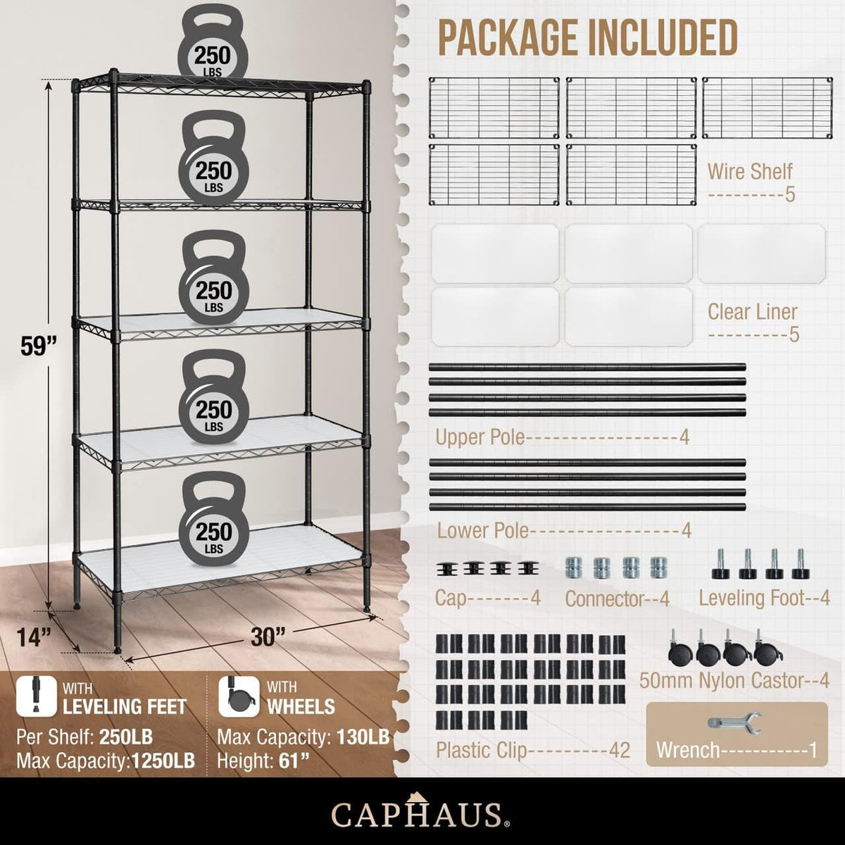CAPHAUS NSF Adjustable Height Wire Shelving Unit w/Liner, Basement Storage Shelving, Metal Steel Storage Shelves, Garage Shelving Storage Organizer, Utility Shelf, 5-Tier W/Wheels W/Liners, Black