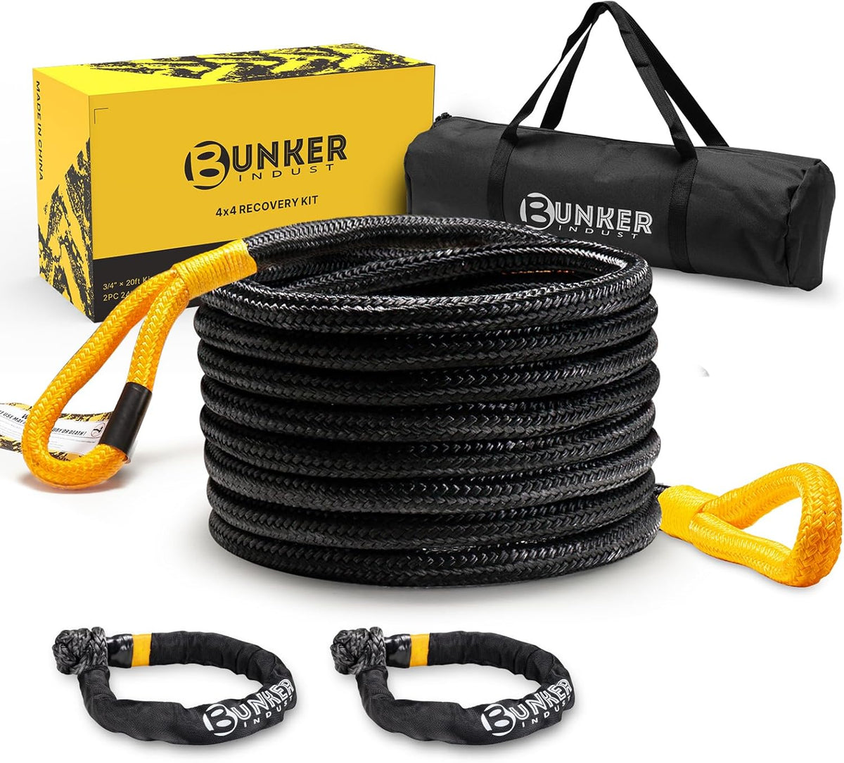 BUNKER INDUST 3/4in×20ft Kinetic Recovery Rope with 2 Soft Shackles Kit, Kinetic Recovery Tow Rope Snatch Strap Off Road Recovery Kit for UTV, ATV, Truck, Car, Jeep, Tractor