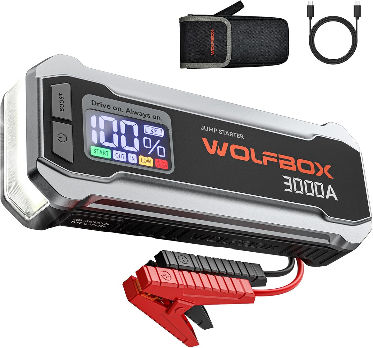 WOLFBOX 3000A Jump Starter,12V Car Battery Jump Starter,65W Quick Charge(Adapter Not Included) 16000mAh Portable Jump Starter Battery Pack for 8L Gas 6L Diesel Engine with Booster,LED Light,Jump Box