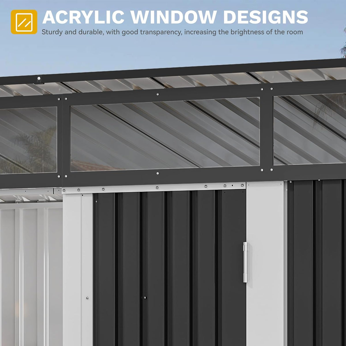 DWVO 9x4 FT Outdoor Storage Shed with Acrylic Windows, Utility Tool Shed Metal Storage Garden Shed with Door & Lock for Bike Storage, Waterproof Trash Shed for Backyard Garden Patio, Dark Dray