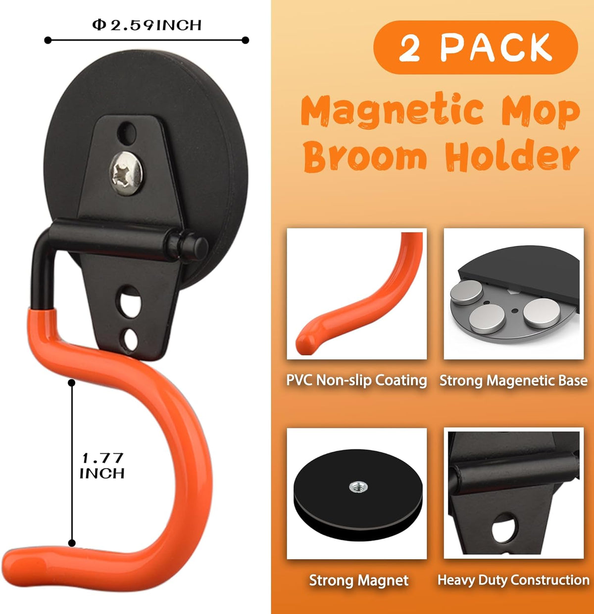 ULIBERMAGNET Magnetic Mop Broom Holder,Heavy Duty Movable Magnetic Tools Holder,Anti-Slip Strong Metal Hooks Mop Shovel Hanger for Garage, Kitchen, Laundry, Garden(2 Pack/Orange)