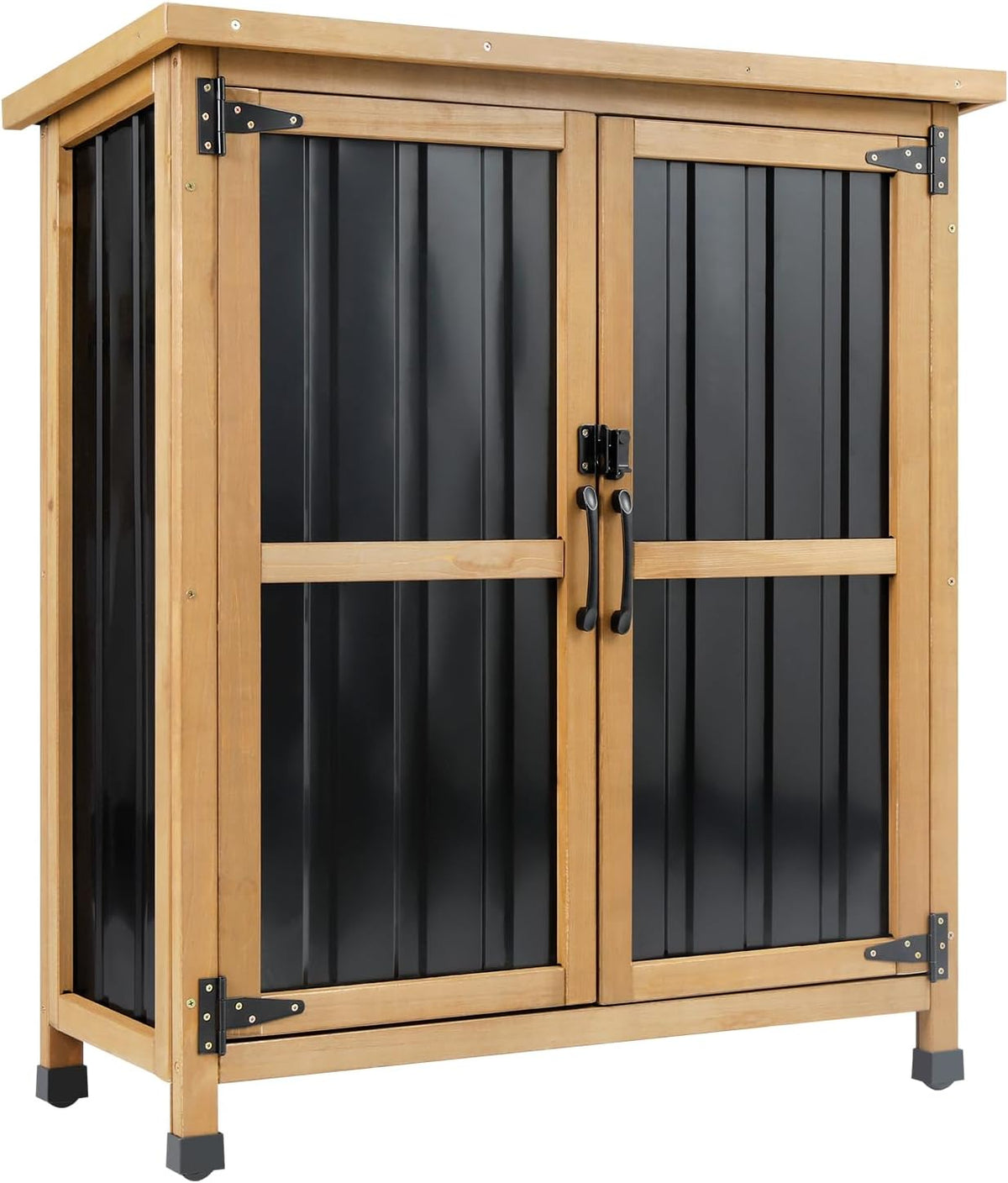 Wood & Metal Outdoor Storage Cabinet with Waterproof Roof, Garden Tool Shed with 4 T-Hinge, 4 Adjustable feet and Magnetic Door, 2 Removable Shelves, Easy Installation, 13.5" D x 34.5" W x 39" H