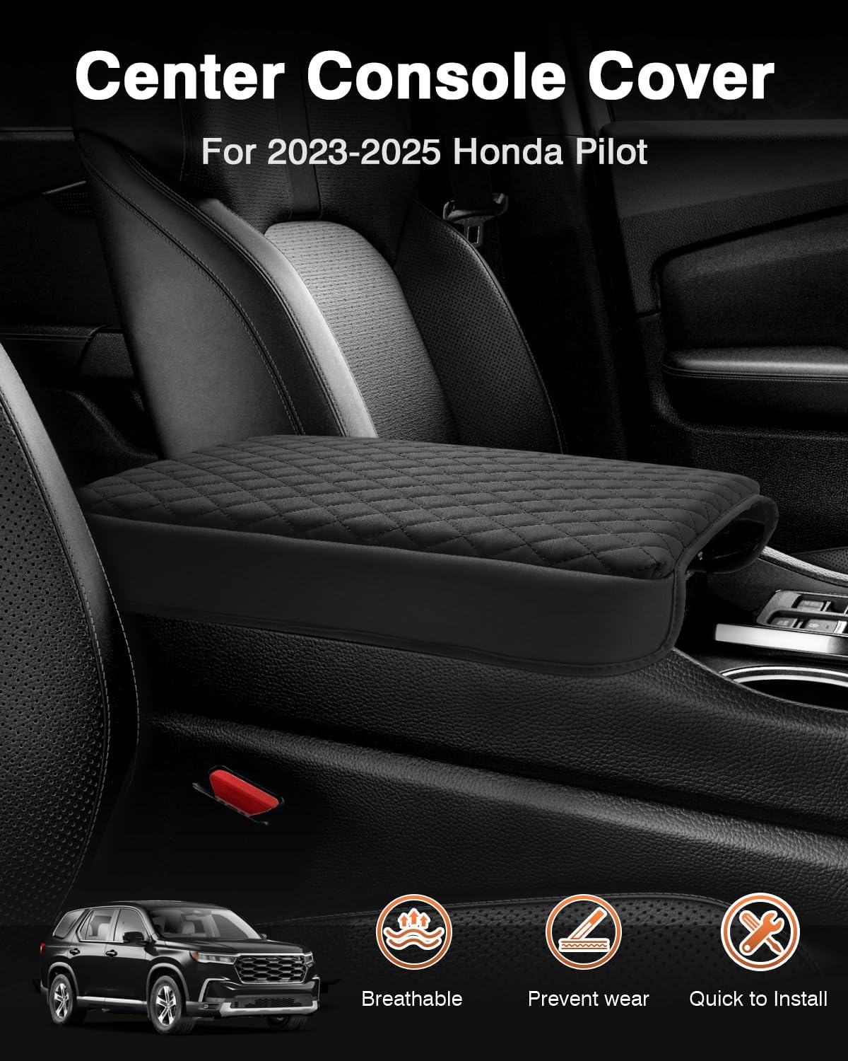 Shademax Custom for Honda Pilot Center Console Cover,Armrest Cover for Honda Pilot/Ridgeline/Passport Accessories 2023-2025 2026 Arm Rest Cushion Pad Console Lid Cover PU Leather Black