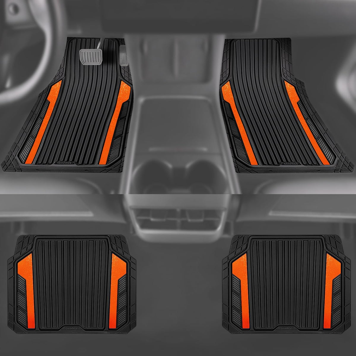 CAR PASS Heavy Duty Rubber Car Mats Metallic, Aluminum Film All Weather Floor Mats Waterproof Universal Trim to Fit SUVs Sedans Vans 4 Piece Anodized Deep Dish Two-Tone Sporty Black Orange Chrome