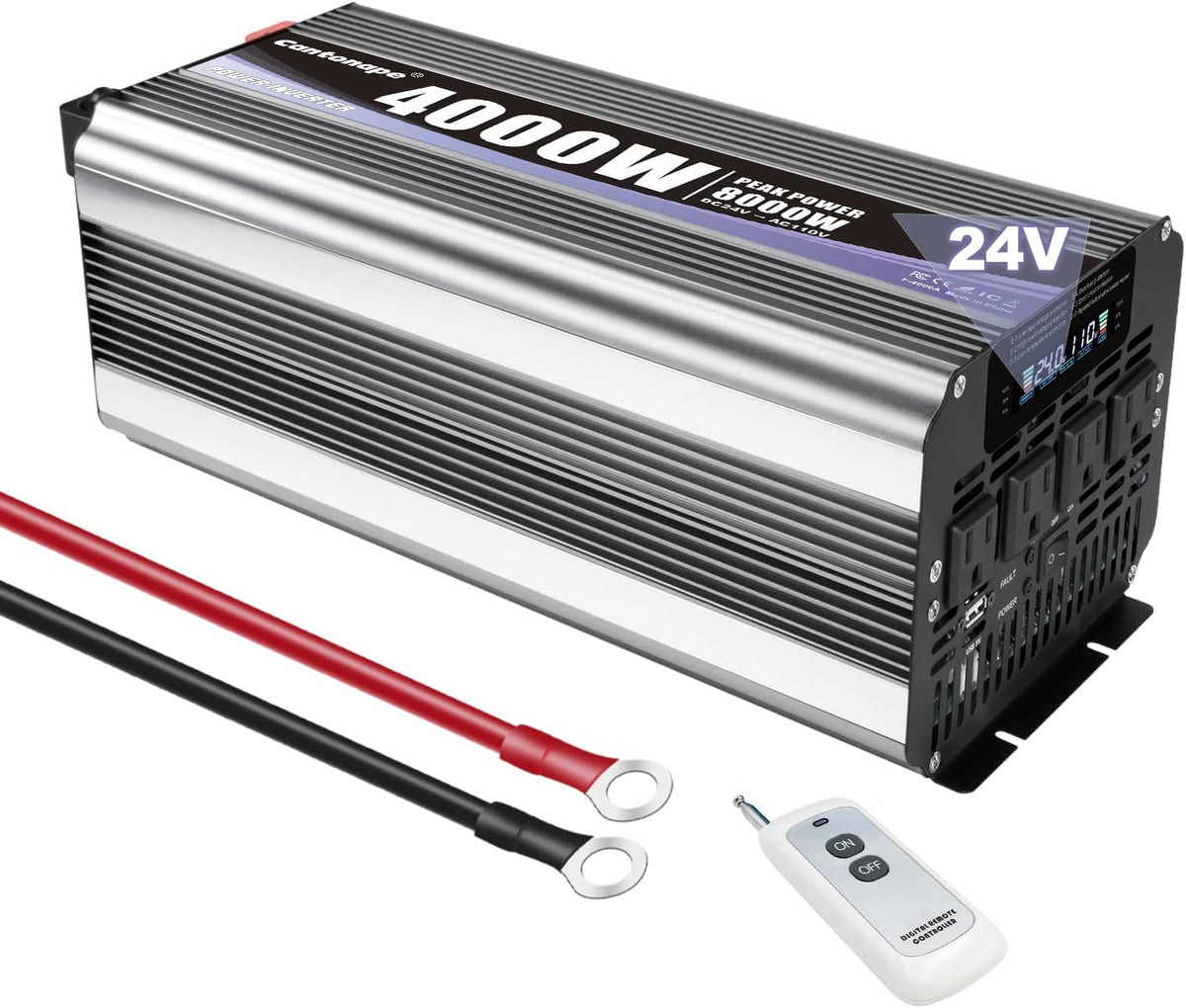 4000 Watt Power Inverter, Car Inverter 24V DC to 110V/120V AC Converter with LCD Display, 4 AC Outlets, USB Port & Remote Controller for RV, Truck, Off-Grid Solar System