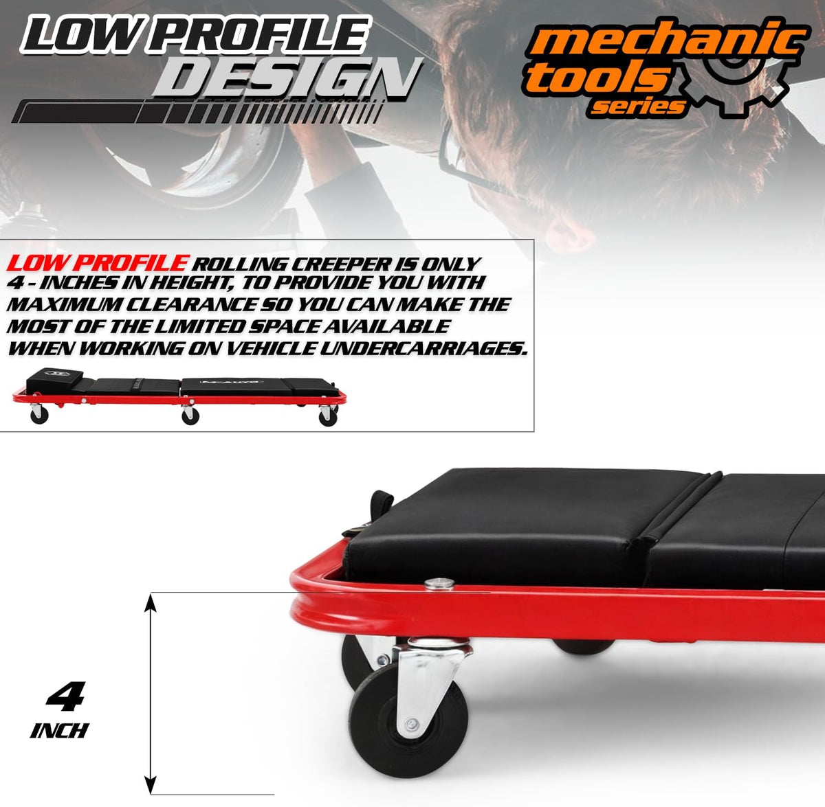 M-AUTO Heavy-Duty Convertible Mechanic Creeper, Z-Creeper 2-in-1 Creeper and Seat 48" Padded Adjustable Headrest Roller Garage Chair with 7 Swivel Casters for Washing, Detailing, Maintenance, Red