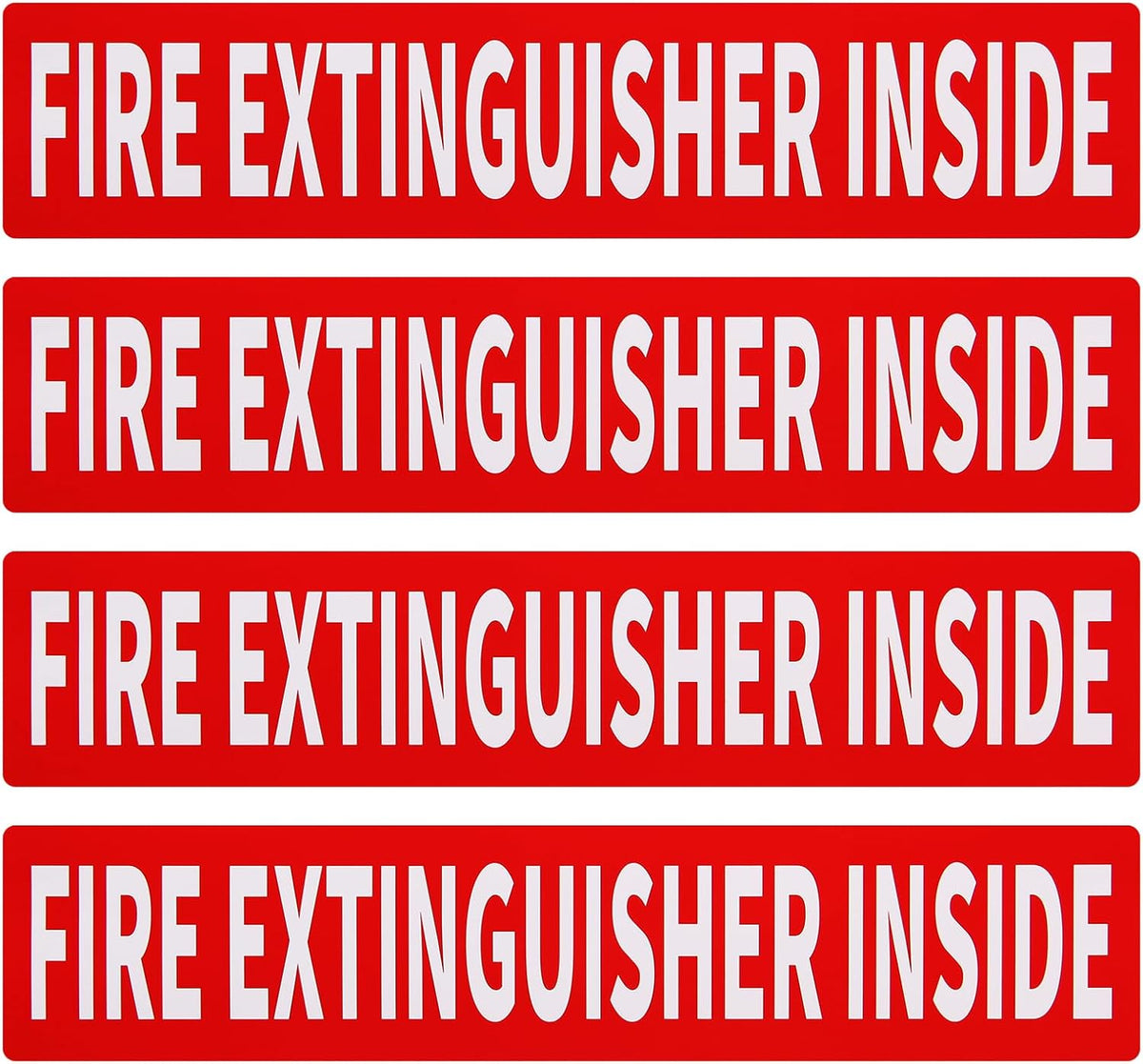 Madrigal Fire Extinguisher Inside Sticker Sign,4Pack 12x2.5" Self-Adhesive Vinyl, Weatherproof & UV Protected for Cars, Trailers, Rv's, Trucks and Vehicles, Red on White