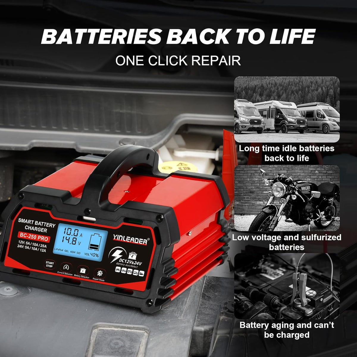 Battery Charger 25A, 12V/24V Lead Acid Smart Battery Charger, 12V LiFePO4 Car Battery Trickle Charger, Automatic Battery Maintainer for Car Motorcycle Lawn Mower Marine Boat Lead Acid Batteries