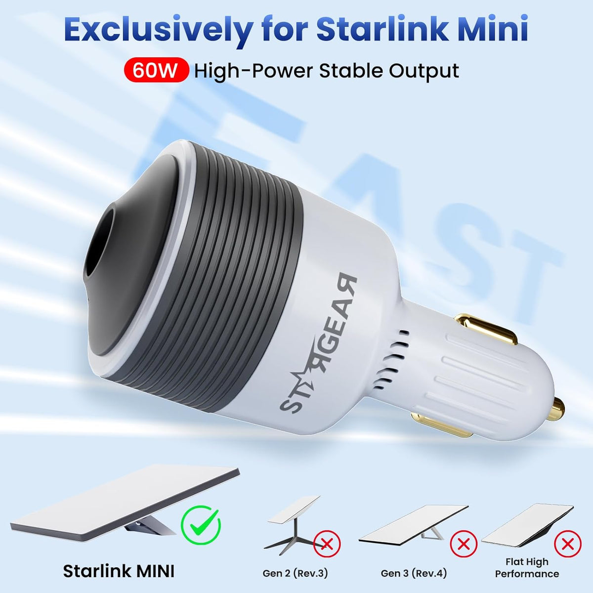 Starlink Mini Car Adapter - 12V to 24V DC Step Up Converter with 60W Car Cigarette Lighter Adapter, Starlink Mini 12V Adapters Supports Official 30M Starlinks Cable, Ideal for RV, Boat, Trailer