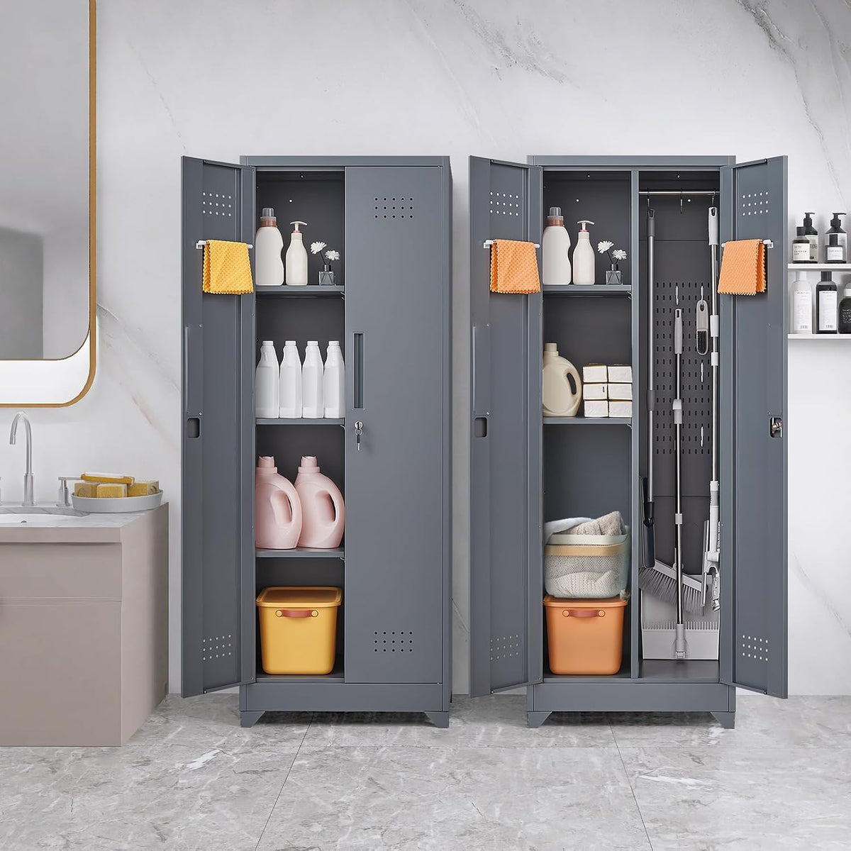 GREATMEET 65" Broom Storage Cabinet, Metal Utility Closet for Brooms and Mops, Cleaning Supply Cabinet with Pegboard, Multifunctional Metal Garage Mop Storage Closet, Grey