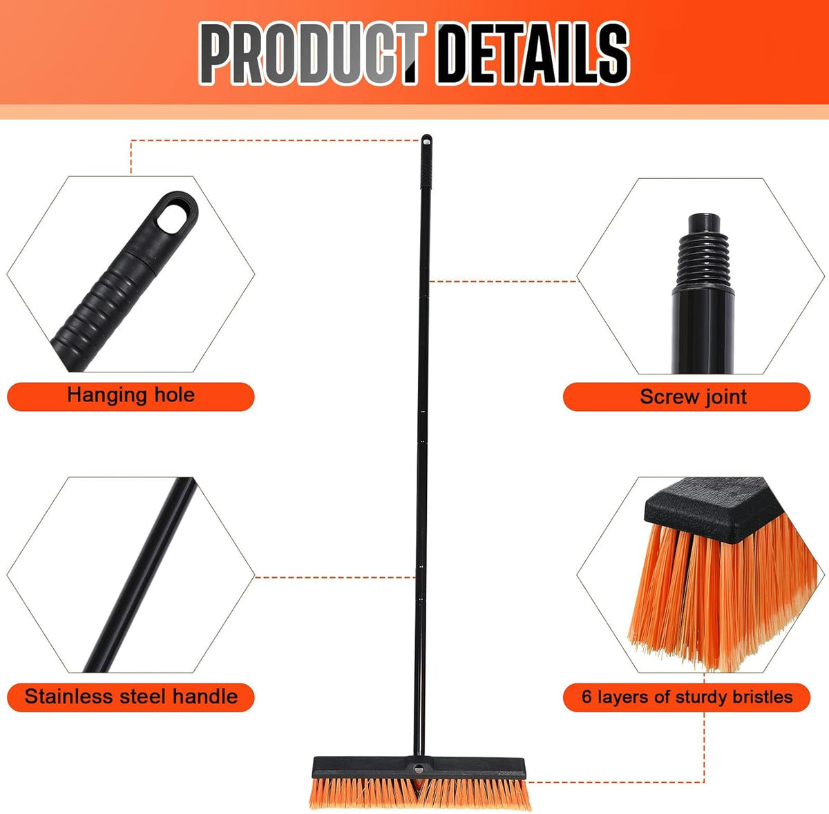 Zhehao 6 Pack 18 Inches Push Broom Outdoor, Multi Surface Garden Brush Broom with Adjustable 63" Long Handle for Deck, Driveway, Patio, Warehouse, Garage, Yard, Concrete Floor Cleaning (Orange)
