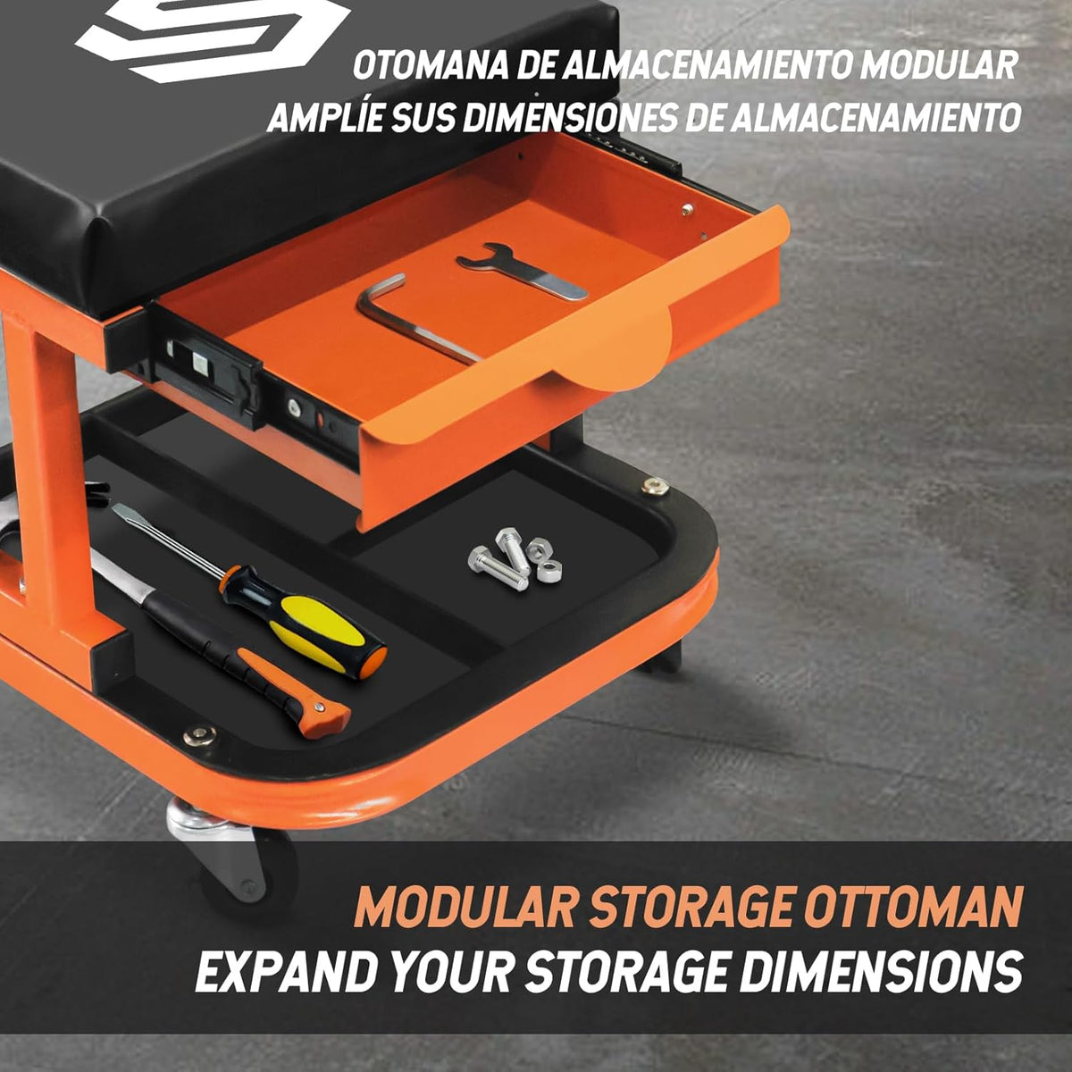 SEKAM Rolling Creeper Garage/Shop Seat, 250 LBS Capacity Padded Rolling Workshop Stool with Tool Tray Storage, Mechanic Stool for Garage, Shop, Auto Repair, Orange