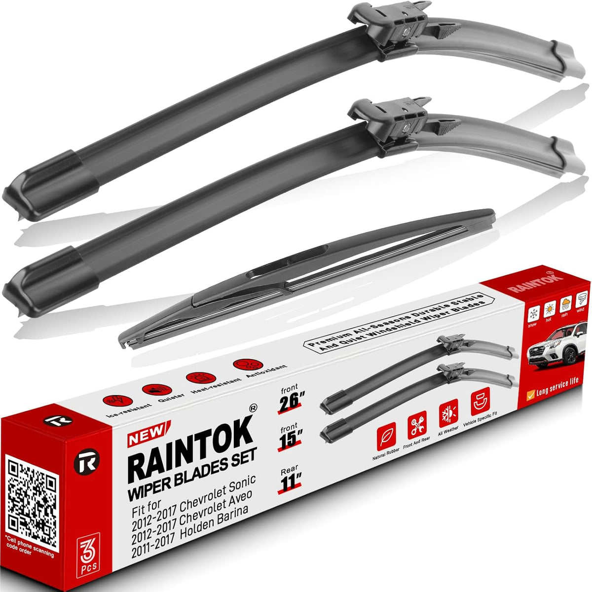 Windshield Wiper Blades Replacement for 2012-2017 Chevy Chevrolet Sonic, Aveo, 2011-2017 Holden Barina Original Factory Quality Front Rear Wipers Blade Set for My Car - 26"/15"/11" (Pack of 3)