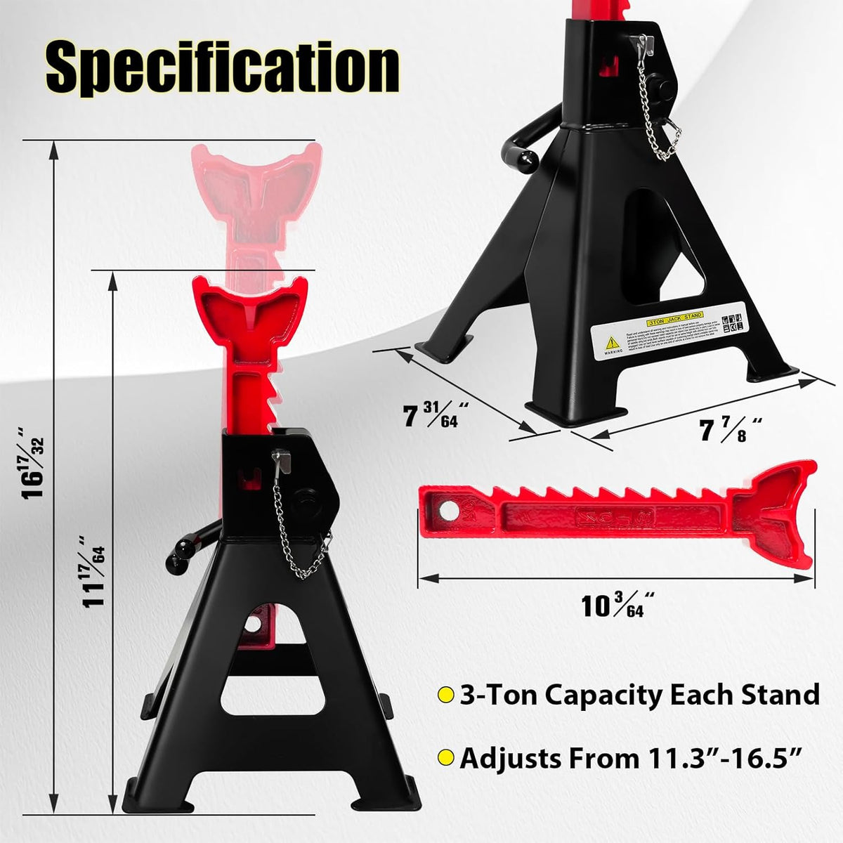 Jack Stands 3 Ton (6,600 LBs) with Double Pin Locking, Car Jack Stand 11.22"-16.54" Adjustable with Rubber Pads, Jack Stands for Trucks,Home,Garage, SUV, Pickup,Car,UTV/ATV,1 Pair