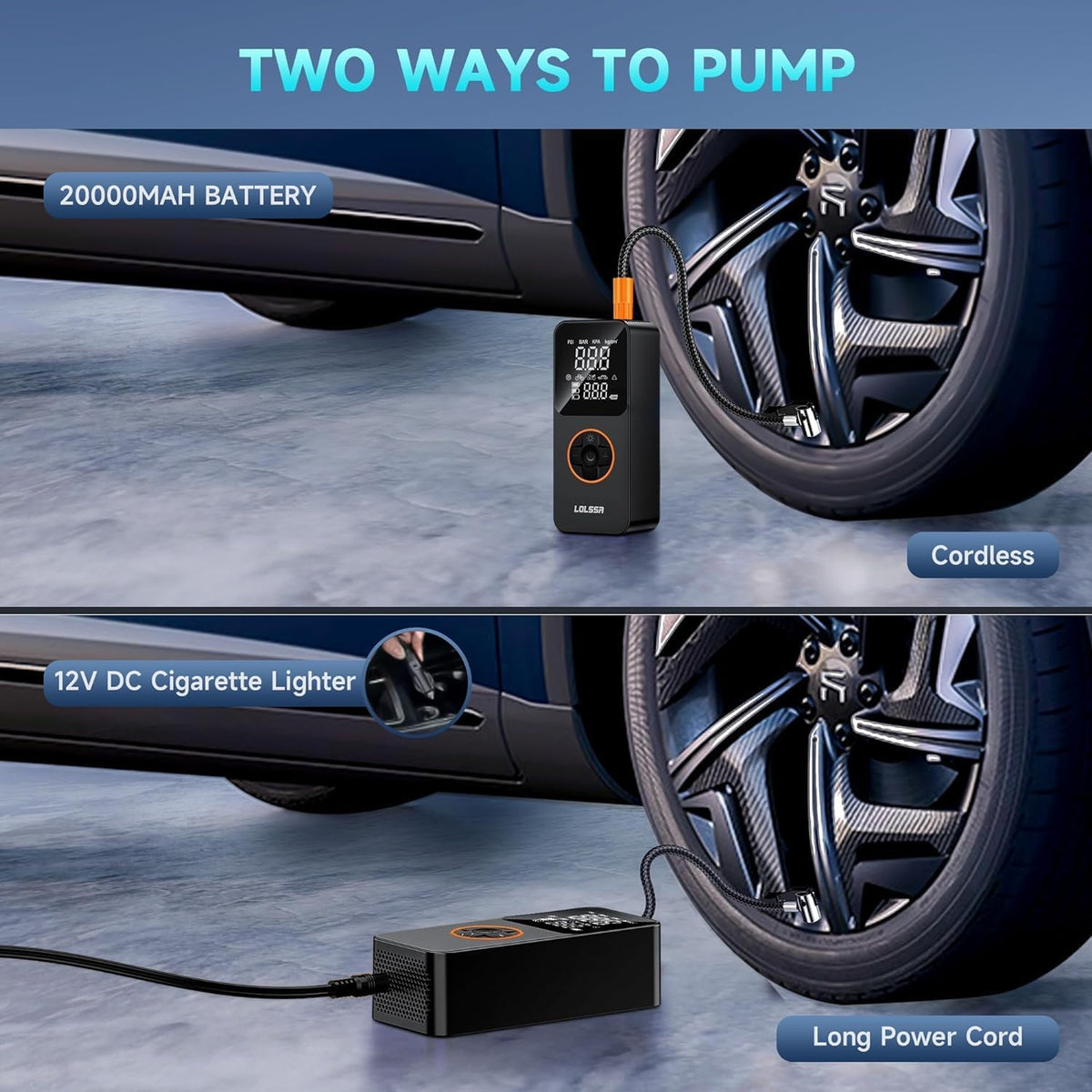 Tire Inflator Portable Air Compressor-Air Pump 20000mAh & 150PSI Cordless Electric for Car, Motorcycle, Bike, Ball, with Tire Gauge Pressure, Dual-Use Type (Black)
