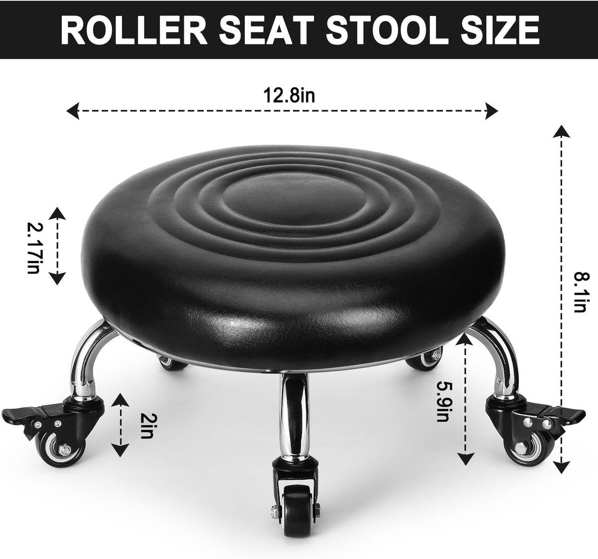 Low Rolling Stool, Low Stool with Wheels, PU Leather Low Roller Seat Stool Chair, Rolling Seat Stool for Home Office Garage Shop (Style 2)