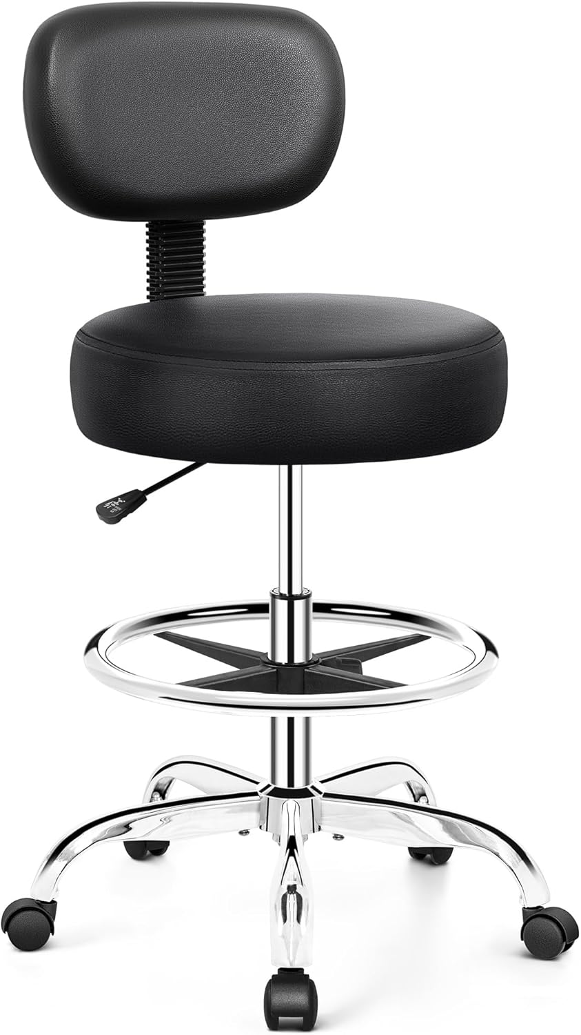 Drafting Chair with Backrest – Adjustable Foot Rest Rolling Stool with Wheels, PU Leather Swivel Stool for Office Spa Studio Lab Counter Salon Home Work Bar Kitchen Shop(Silver)